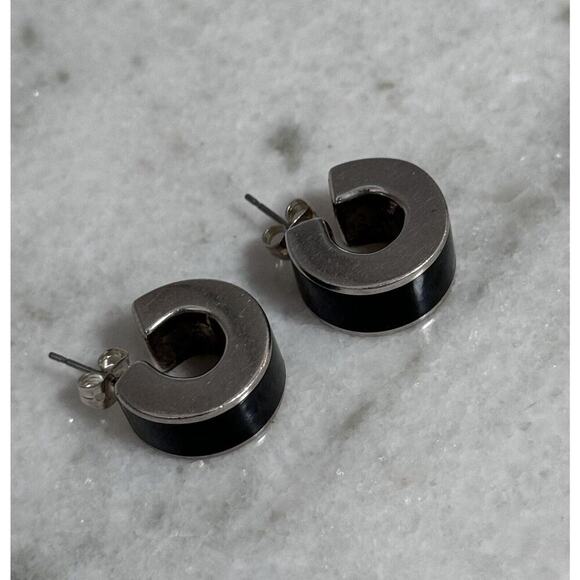 Vintage Sterling Silver Black Onyx Inlay Chunky Small Hoop Earrings - Picture 6 of 7